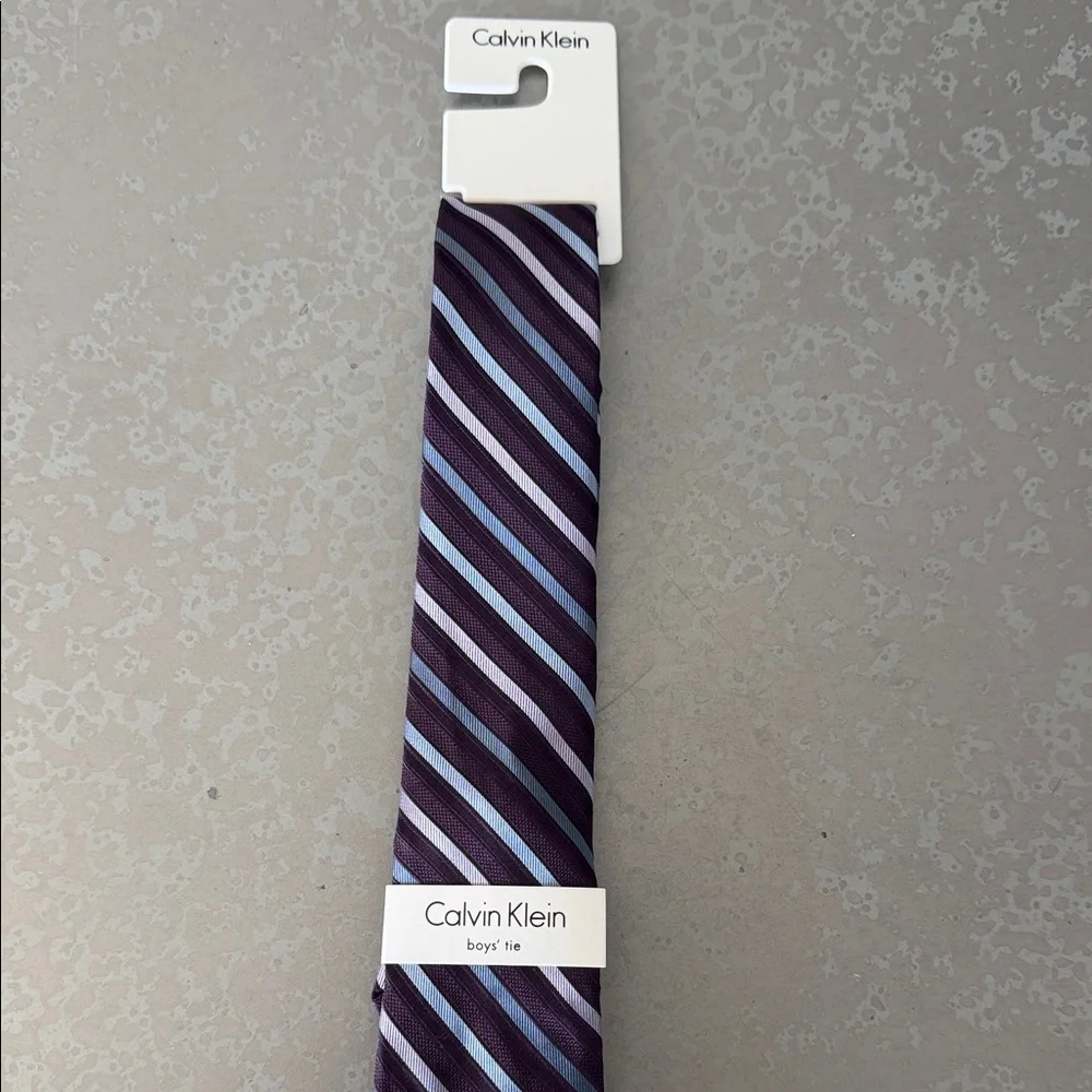 Calvin Klein Boys Tie - Deep Navy and Light Blue and Silver Stripes